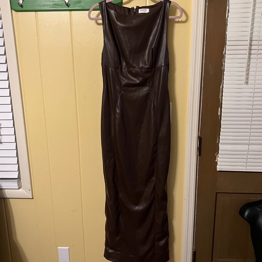 House of CB Brown Vegan Leather Sleeveless Maxi Dress Slit Back Bodycon Size L - Picture 4 of 11